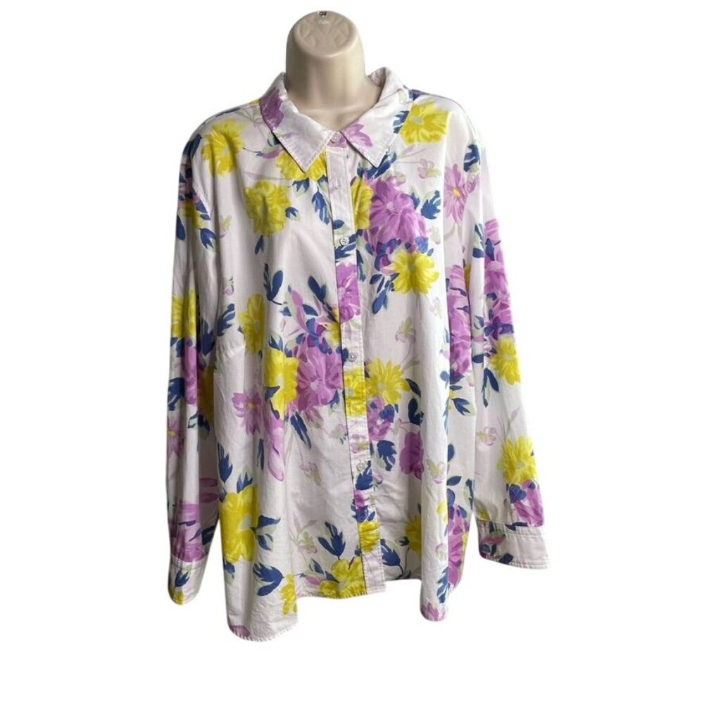 Talbots Womens Button Down Floral Blouse Shirt Plus Size 3X u White Purple Yello